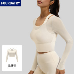 FOURDATRY 网纱假两件瑜伽服长袖显瘦带胸垫运动健身服上