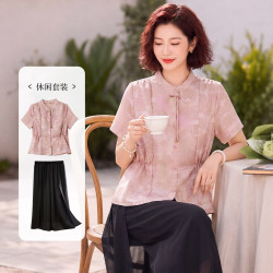浅恋 妈妈装夏季新中式高贵T恤衫中老年女装松紧腰双层雪纺裤休闲套装