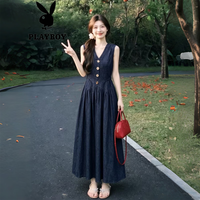 PLAYBOY V领无袖牛仔连衣裙女夏2026新款高端大气精致长裙背心裙收腰 藏青色高品质 L