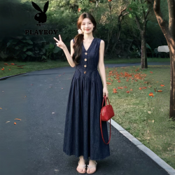 PLAYBOY V领无袖牛仔连衣裙女夏2026新款高端大气精致长裙背心裙收腰 藏青色高品质 L