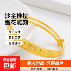 京喜 越南沙金手镯女士车花雕刻复古时尚推拉实心手镯不掉色 金色雪花推拉手镯1个