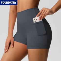 FOURDATRY 欧美磨毛纯色口袋高腰紧身高弹瑜伽短裤运动跑