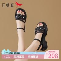 红蜻蜓 女鞋珍珠绑带凉鞋 夏季轻便一字扣带凉鞋休闲百搭女士罗马凉鞋子