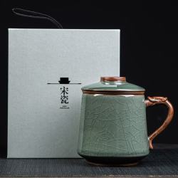 琦轩源 汝窑办公杯茶杯个人办公专用茶水分离带盖陶瓷马克杯礼盒节日送礼 哥窑龙把办公杯-梅子青+礼盒
