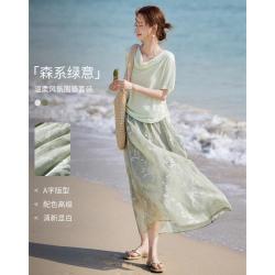 尚静 法式浪漫荡领印花短袖半裙两件套