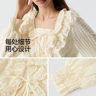 森马 方领荷叶边肌理感长袖连衣裙