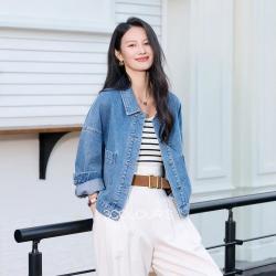 三彩 女士牛仔外套 翻领单排扣上衣夹克