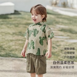 巴厘小猪 亚麻+天丝2件套 男童短袖+短裤2件套装（2色可选）