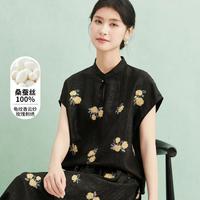 金菊 龟纹香云纱 女式T恤 玫瑰刺绣