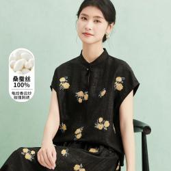 金菊 龟纹香云纱 女式T恤 玫瑰刺绣