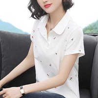 中年妈妈宽松POLO衫女士纯棉t恤夏季百搭白色翻领微胖加大码上衣