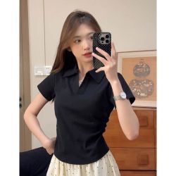 纯棉黑色新款正肩t恤T恤女款薄款polo衫短袖夏季洋气短款体恤上衣