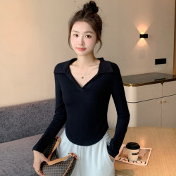 娴柔 polo领纯欲风短款长袖T恤女装秋季辣妹设计感修身白色打底衫上衣