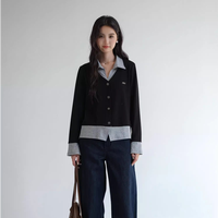 Lrosey/蓝若水大码女装假两件Polo领针织春装别致显瘦打底衫86618