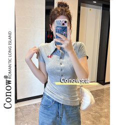 Polo衫小众纯欲百搭上衣2026夏新款辣妹修身刺绣小马短袖T恤女