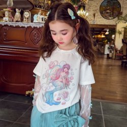 米米哈罗 女童短袖t恤夏装2026新款儿童拼接网纱长袖上衣女孩打底