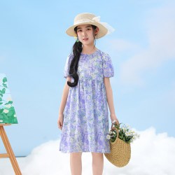儿童连衣裙夏季女童装沙滩公主裙棉绸短袖家居服睡裙田园碎花裙子