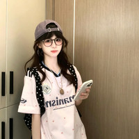 移动端:满印星星字母V领撞色球衣短袖T恤女夏季学院风独特别致运动风上衣