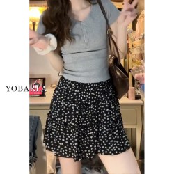 YOBARLA 黑色碎花蛋糕短裙女高腰大码夏季胖mm遮肚显瘦梨形身材a字半身裙