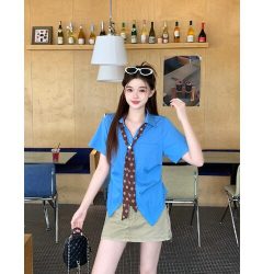 小吉家大码女装波点丝带款短袖衬衫胖mm捏褶上衣夏季遮肉显瘦衬衣