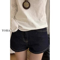 移动端:YOBARLA 深蓝色牛仔短裤女夏季薄款大码胖mm梨型身材显瘦高腰a字阔腿热裤