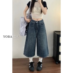 YOBARLA 复古阔腿牛仔七分裤女夏季新款梨形身材大码胖mm宽松显瘦直筒裤子