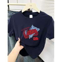 移动端:正肩圆领短袖T恤女装藏蓝色2026新款印花显瘦基础款圆领大码上衣