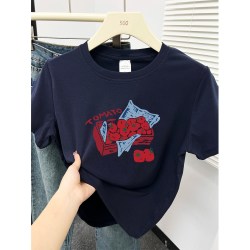 正肩圆领短袖T恤女装藏蓝色2026新款印花显瘦基础款圆领大码上衣
