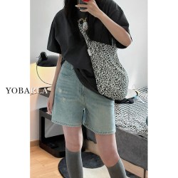 YOBARLA 浅色破洞牛仔短裤女高腰夏季新款大码胖mm宽松显瘦梨形身材阔腿裤