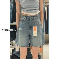 移动端：YOBARLA 蓝色破洞牛仔短裤女夏薄款大码胖mm高腰显瘦梨型身材五分阔腿中裤