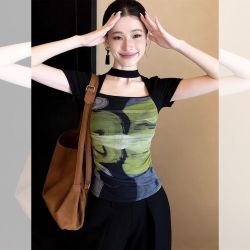 黑绿晕染挂脖方领收腰修身显瘦短袖t恤女2026新款夏季设计感上衣