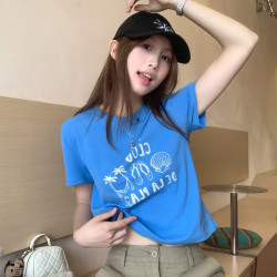 龙妹蓝色圆领正肩美式短袖T恤女外穿2026新款夏季穿搭显瘦小上衣