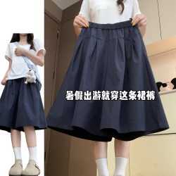 藏青色褶皱花苞七分裤女夏季2026新款学院风时尚休闲A字阔腿裙裤