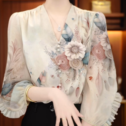 法式V领印花烫钻衬衫女妈妈装春夏洋气薄款小衫七分袖宽松上衣女