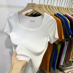 2026夏装基础款纯色糖果色正肩短袖T恤女高弹力修身螺纹方领上衣