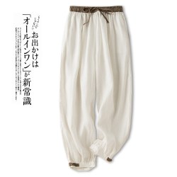 清仓捡漏~专柜撤回复古撞色盘扣亚麻九分裤女夏季薄款棉麻哈伦裤