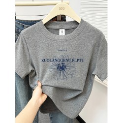 花灰色字母印花休闲正肩短袖t恤女装微胖mm遮肚显瘦百搭夏季新款