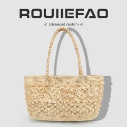 ROUIIEFAO 法式度假手工钩花拉菲草编包包女大容量海边沙滩单肩包手提托特包