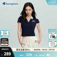 Champion 冠军V领POLO衫女夏季新款短款修身刺绣图案显瘦上衣 藏青色白色拼接