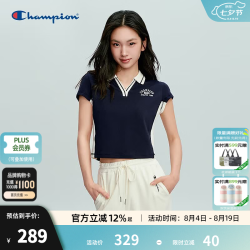 Champion 冠军V领POLO衫女夏季新款短款修身刺绣图案显瘦上衣 藏青色白色拼接