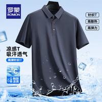 罗蒙 送父亲翻领条纹短袖t恤衫男夏季款中老年凉感冰丝半袖Polo爸爸装 灰色 XL (180)