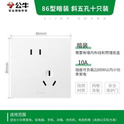 公牛 开关插座 G12系列10A斜五孔插座86型面板G12Z223AS 白色 十只装