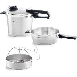 Fissler vitavit 高级压力锅套装，4 件套（6升- 直径22 cm 和2.5升-直径 22 cm煎锅）包括金属盖，插入件