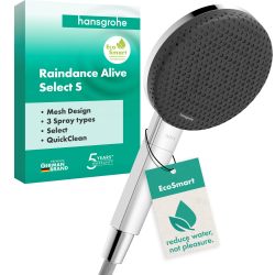 Hansgrohe 汉斯格雅 Raindance Alive Select S 24511000 节水淋浴头 7.1 升/分钟(EcoSmart),手持花洒 3 种喷头,包括粉末雨,淋浴头具有防水垢功能,镀铬