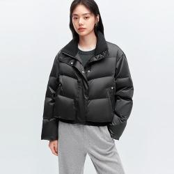 太平鸟 花式针织拼接小立领缎感羽绒服冬宽松女羽绒服