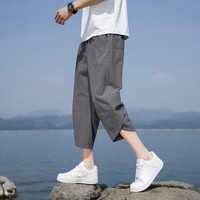 月伊纺 夏季新款棉麻七分裤男亚麻马裤青年百搭100%纯棉休闲裤男哈伦裤