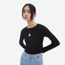 美特斯邦威 修身弹力长袖打底衫T恤女撞色线迹设计高弹圆领小个子短上衣 影黑 M 160/84A