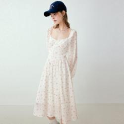 乐町 收腰气质长袖连衣裙春夏打卡仙女裙碎花雪纺裙