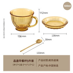 三光云彩 韩国盖朗玻璃早餐杯琥珀色燕麦牛奶杯带盖勺子大容量 5件套