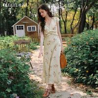OLRAIN 杏色法式印花收腰连衣裙女夏季新款温柔风A字裙 花色 M